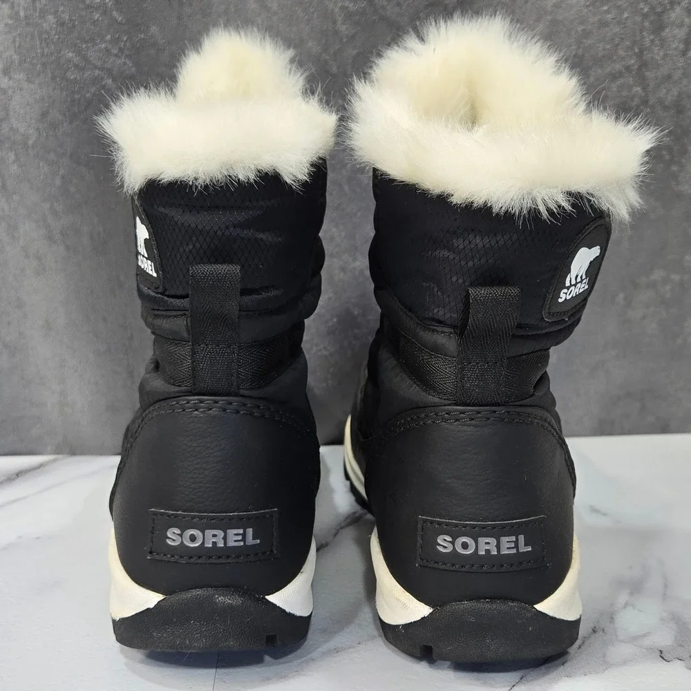 Sorel Whitney Short Lace Boots Womens 7.5 Black Waterproof Winter Faux Fur Snow